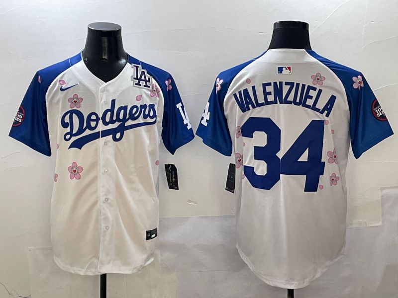 Men Los Angeles Dodgers #34 Valenzuela White Blue Sakura Edition 2025 Nike MLB Jersey style 8